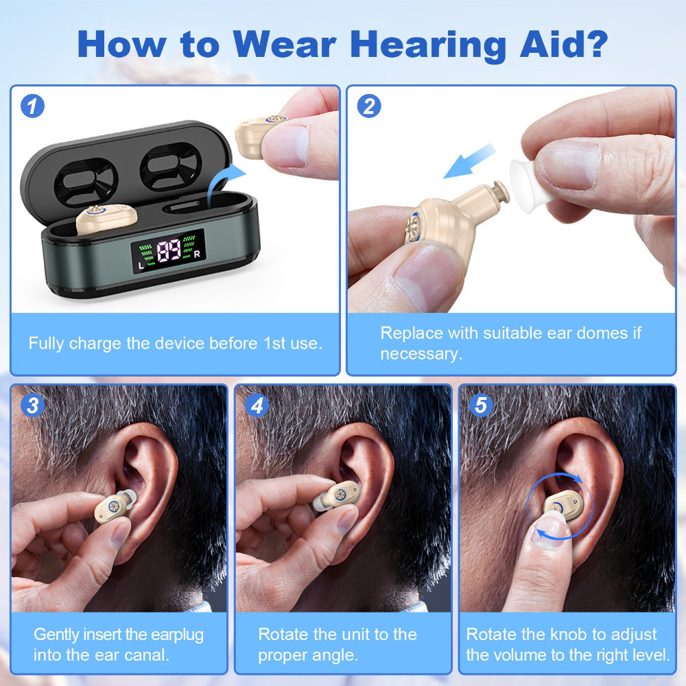 Rechargeable In The Ear Hearing Aids With Charging Case And Lcd Display Ultra Compact Sound Amplifier For Seniors Black