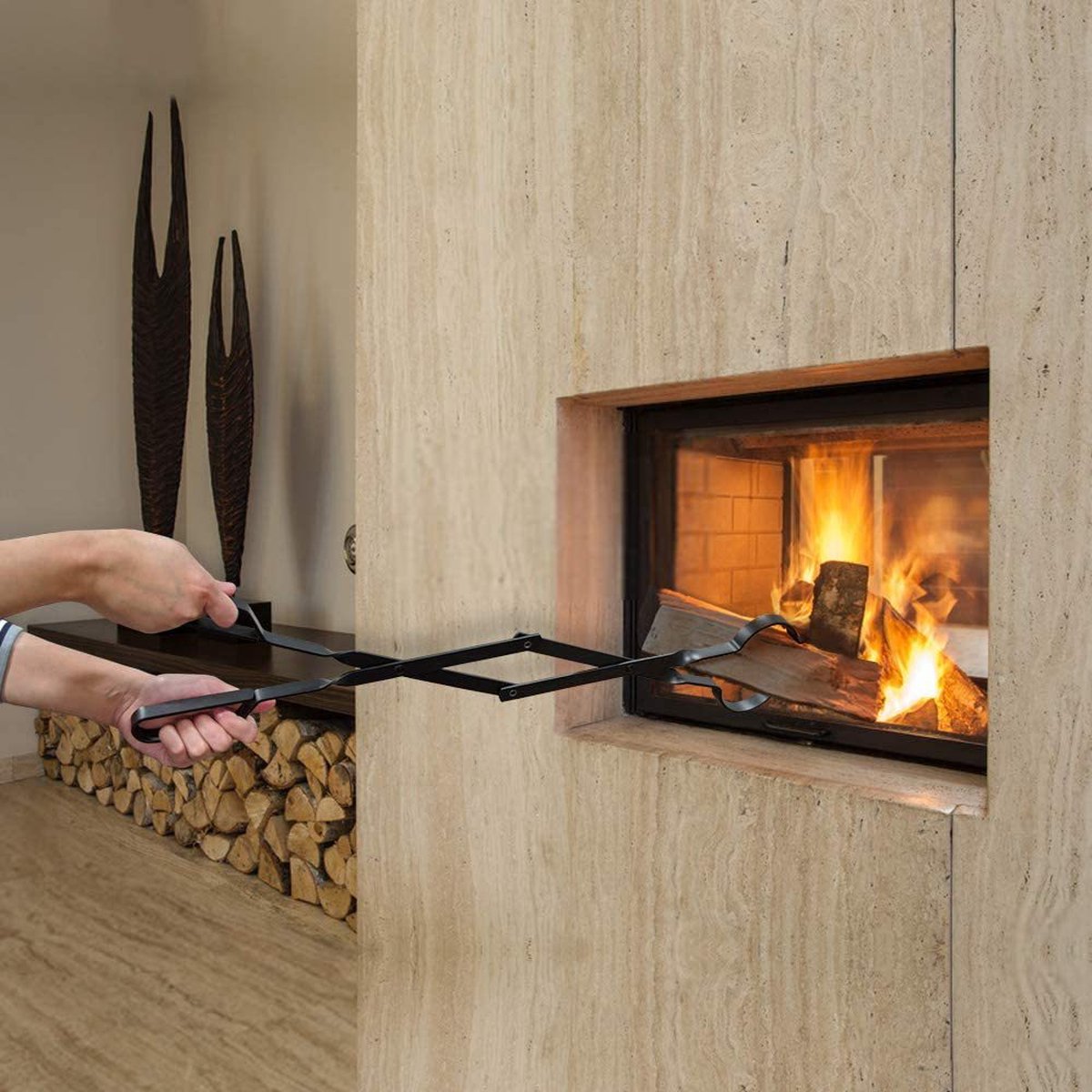 Fire Pit Tongs - Fireplace Accessories Fireplaces Tool For Outdoor Indoor Camping Wood Stoves Pits Black Steel 26 Inch