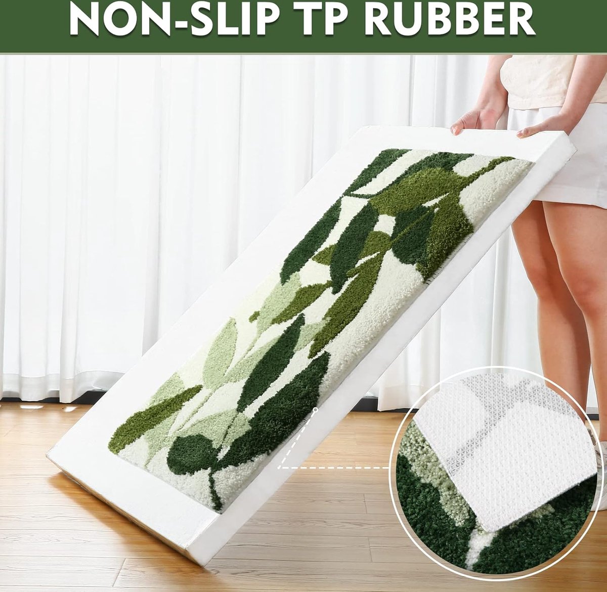 Non Slip Bath Mat Absorbent Machine Washable Green Leaves Design