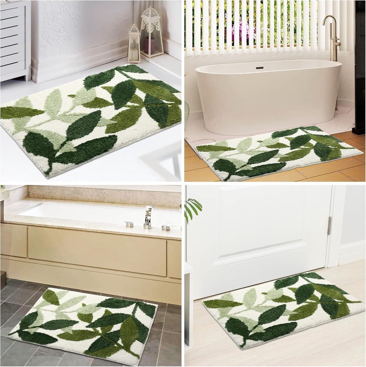 Non Slip Bath Mat Absorbent Machine Washable Green Leaves Design