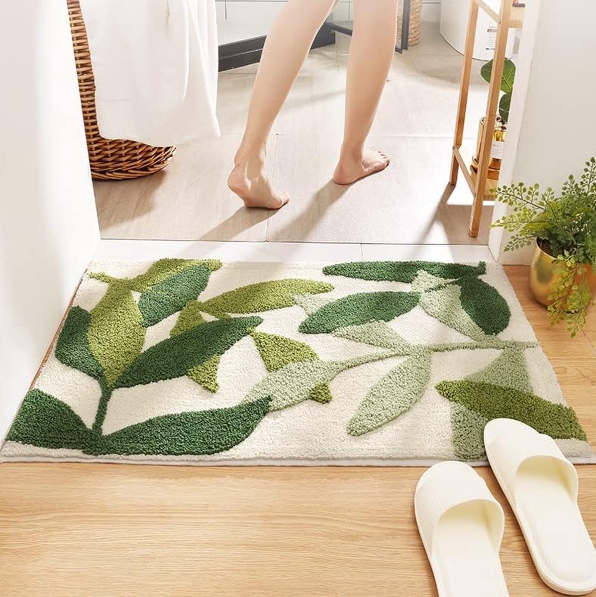 Non Slip Bath Mat Absorbent Machine Washable Green Leaves Design