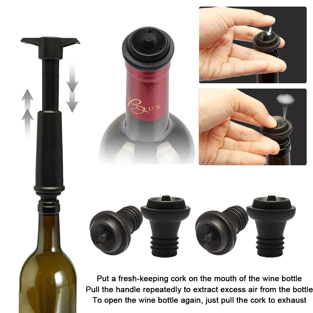 Vacu Vin Black Pump With Wine Saver Stoppers - Keeps Fresh