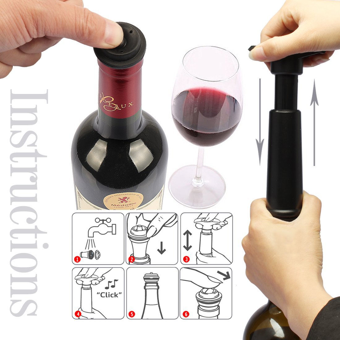 Vacu Vin Black Pump With Wine Saver Stoppers - Keeps Fresh