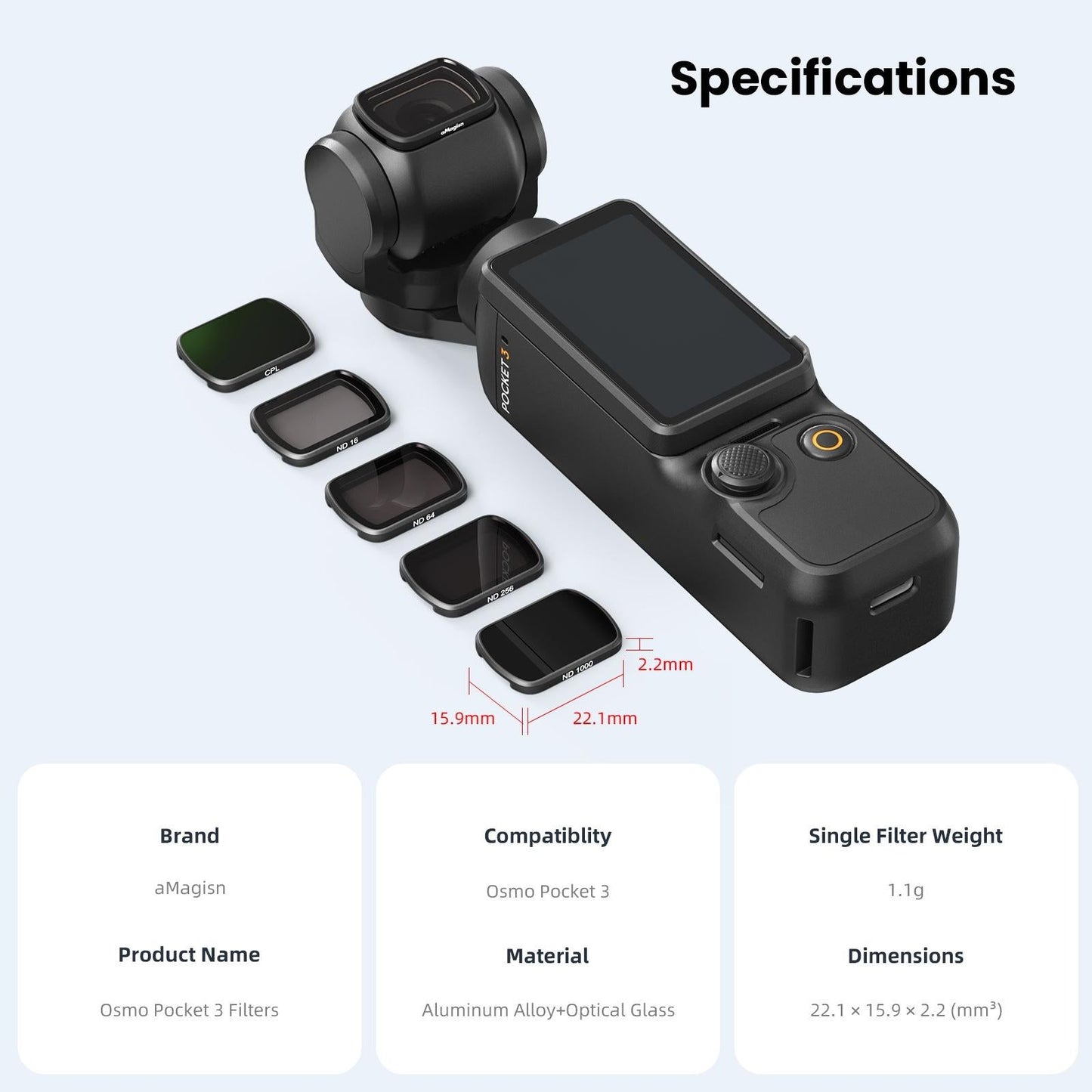 Double Sided Coated Filters For Dji Pocket 3 With Protective Goggles And Cpl Style Nd16+Nd64+Nd256+Nd1000