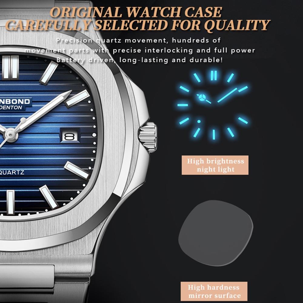 Retro Luminous Square Men Quartz Watch - 30M Waterproof Rose Gold-Blue