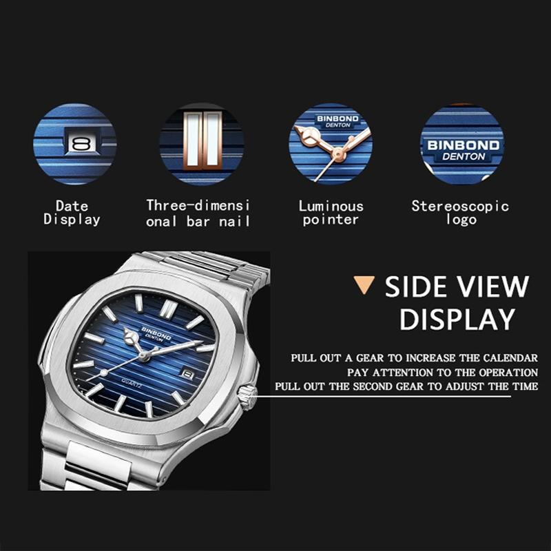 Retro Luminous Square Men Quartz Watch - 30M Waterproof Rose Gold-Blue