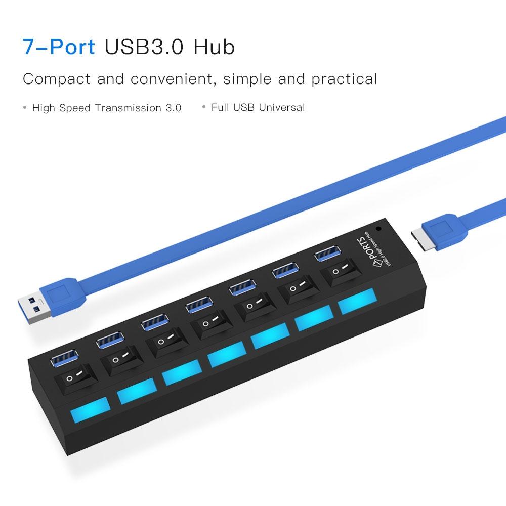 7 Port Usb 3.0 Hub 5Gbps Plug & Play 1Tb Support Black