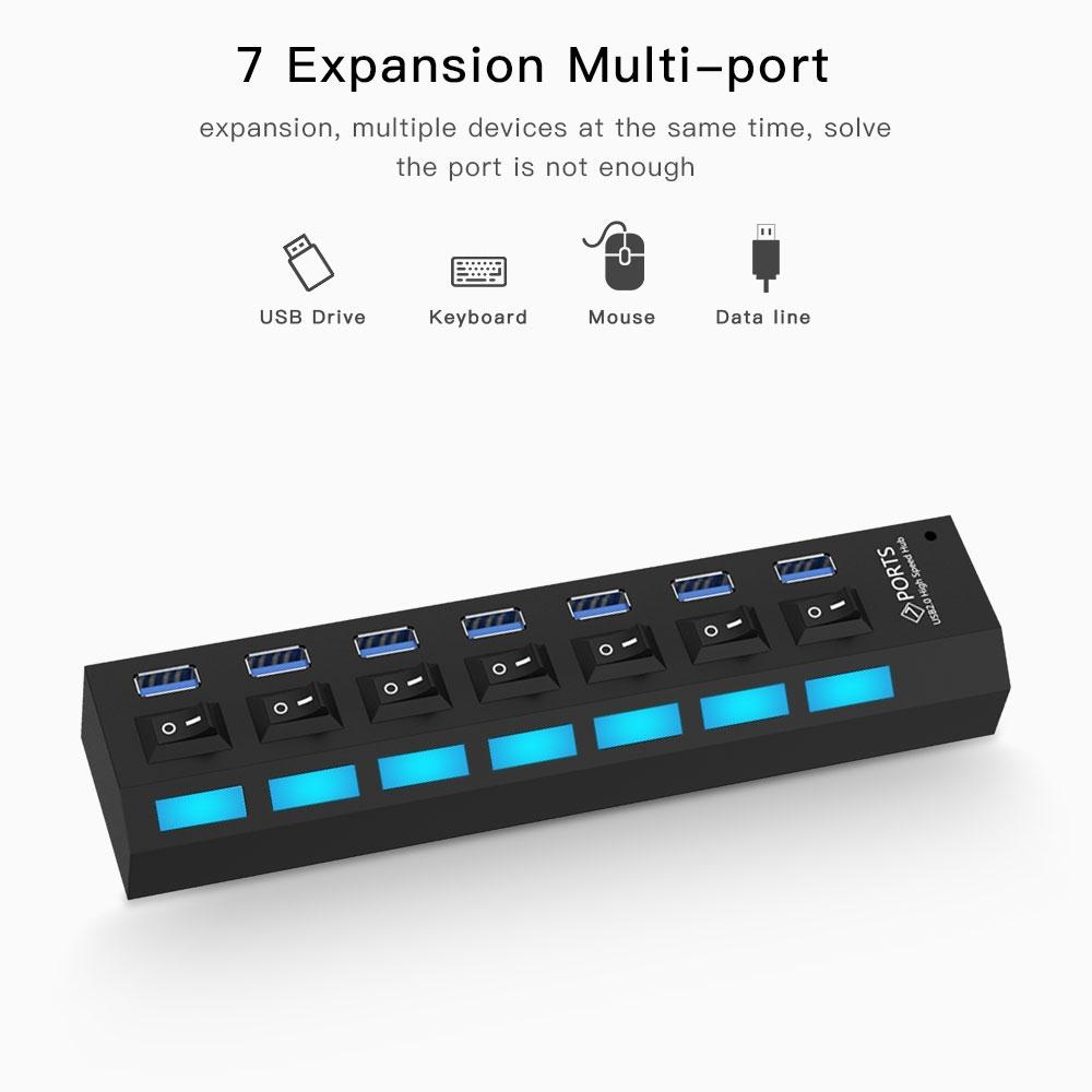 7 Port Usb 3.0 Hub 5Gbps Plug & Play 1Tb Support Black