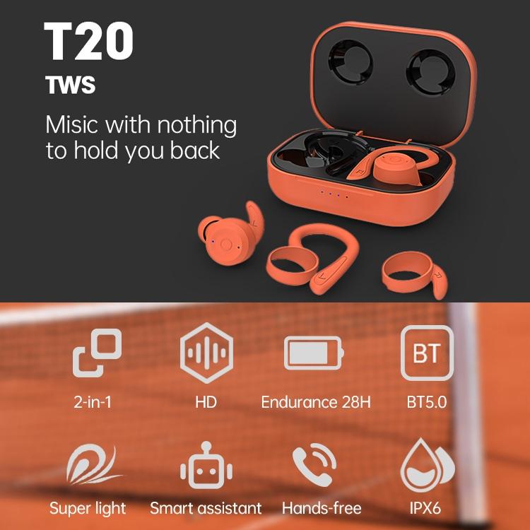 Waterproof T20 Tws Bluetooth Earphones With Charging Box And Noise Cancelling Hooks Black