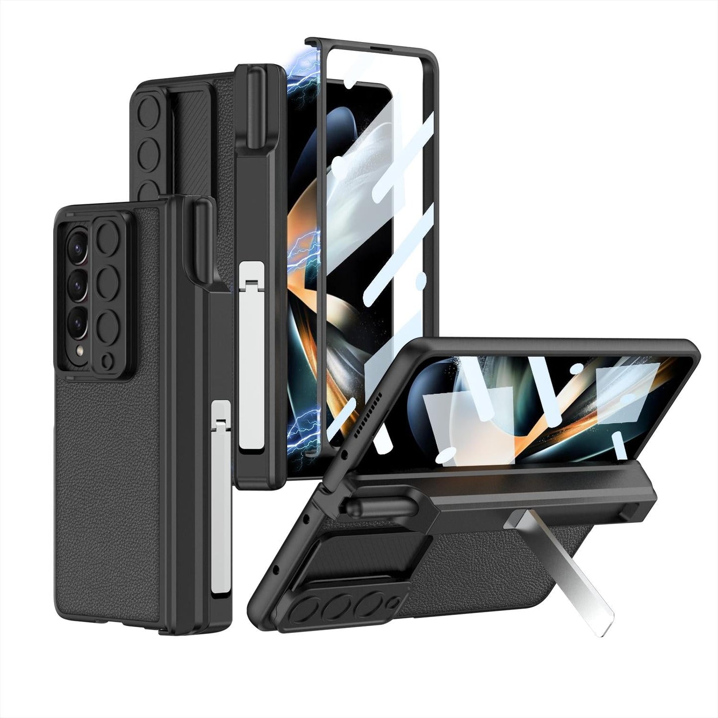For Samsung Galaxy Z Fold4 5G Magnetic Leather Flip Case With Holder Black