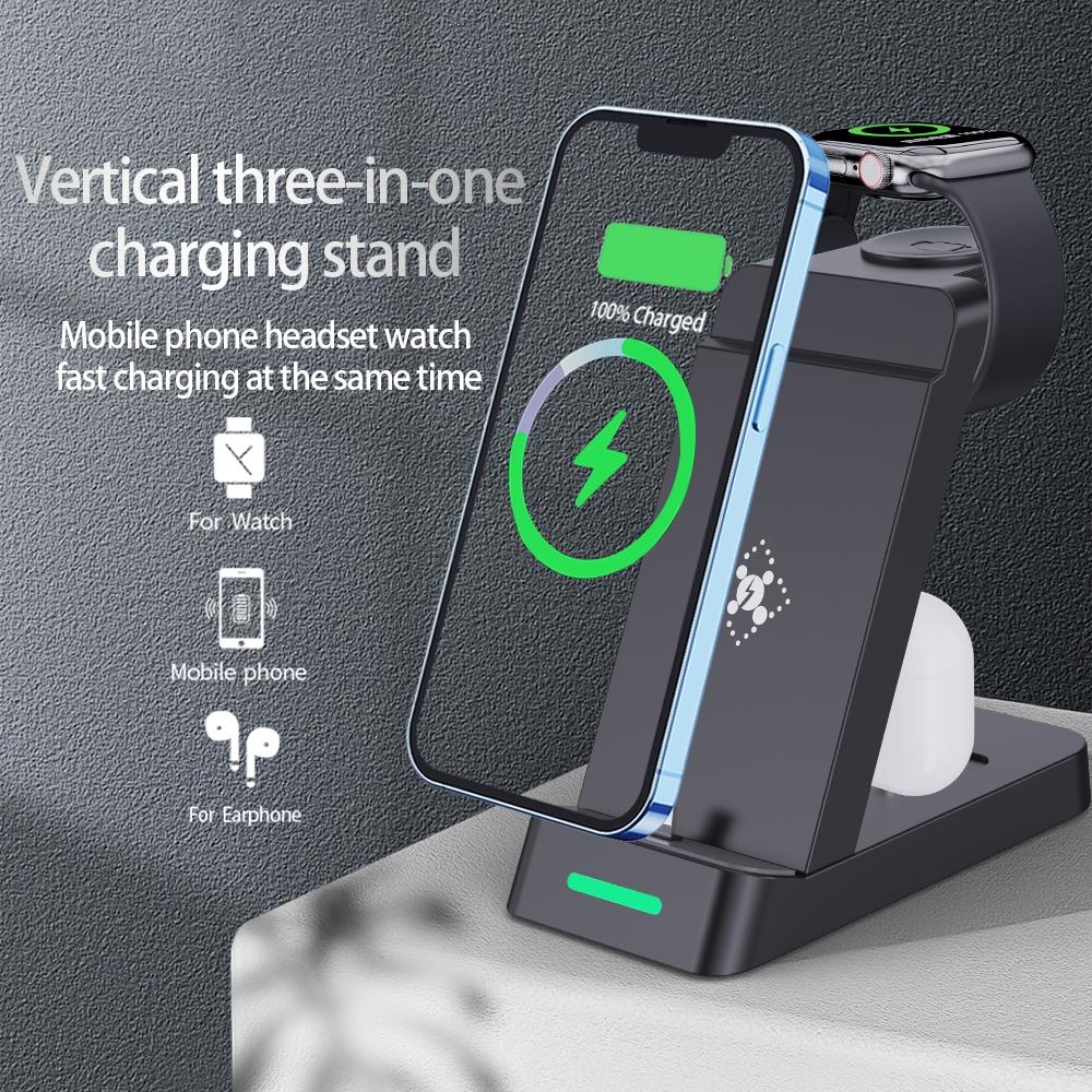 18W 3 In Wireless Charger Stand For Iphone & Apple Watch Black