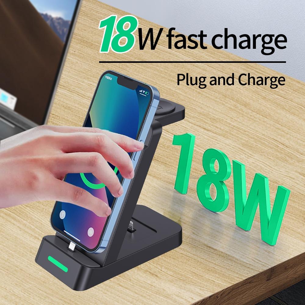 18W 3 In Wireless Charger Stand For Iphone & Apple Watch Black
