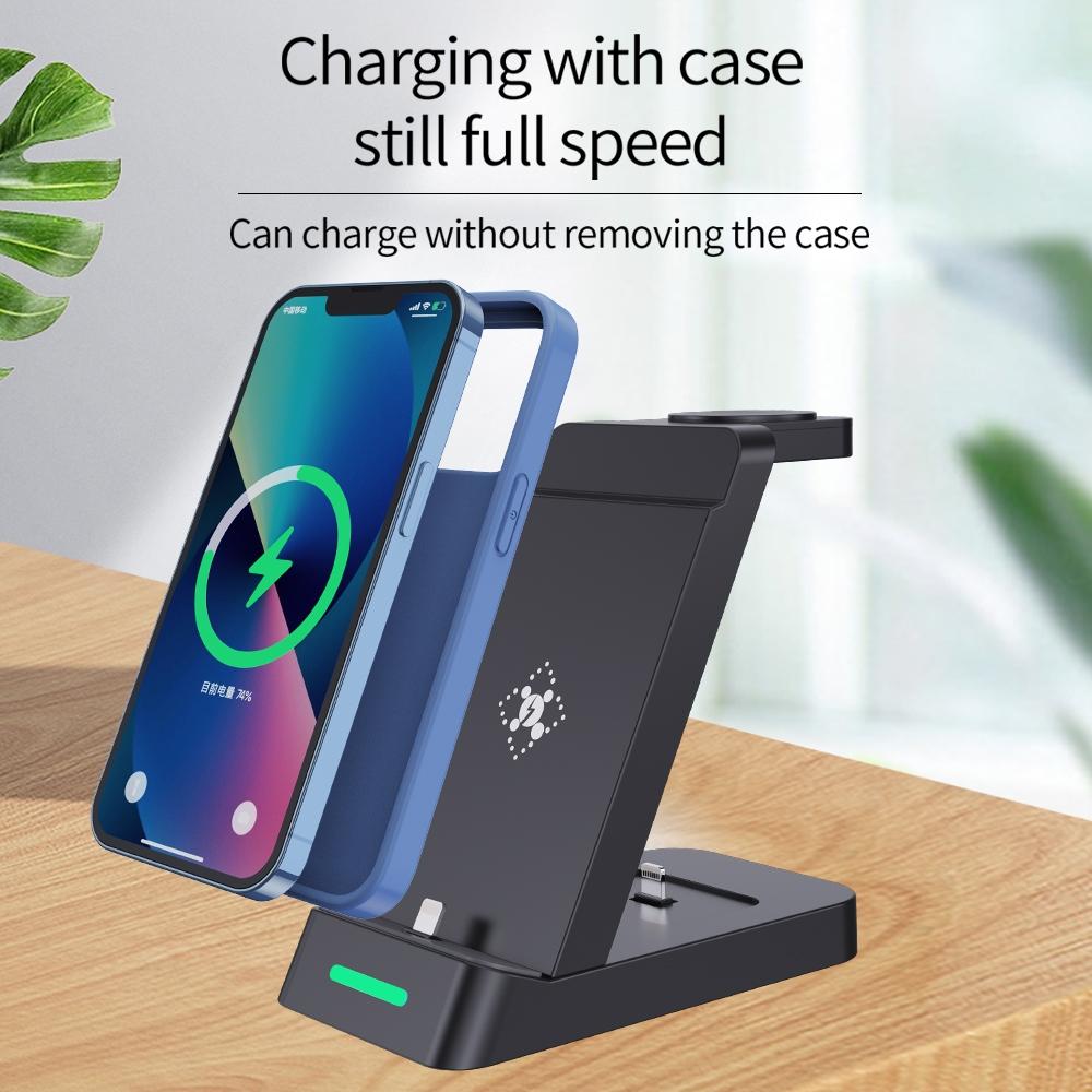 18W 3 In Wireless Charger Stand For Iphone & Apple Watch Black