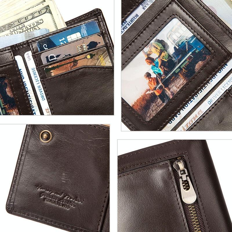 Rfid-Blocking Leather Men Wallet With Multi-Card Slots And Zipper Coin Pocket Black