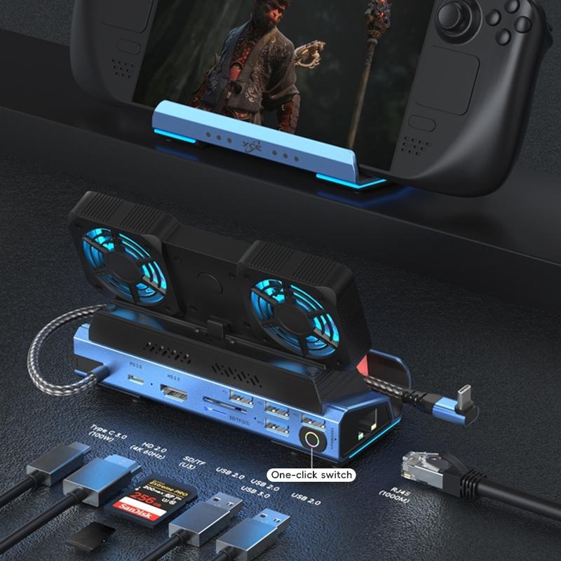 10 In Usb C Gaming Dock With Detachable Fan Blue / Black