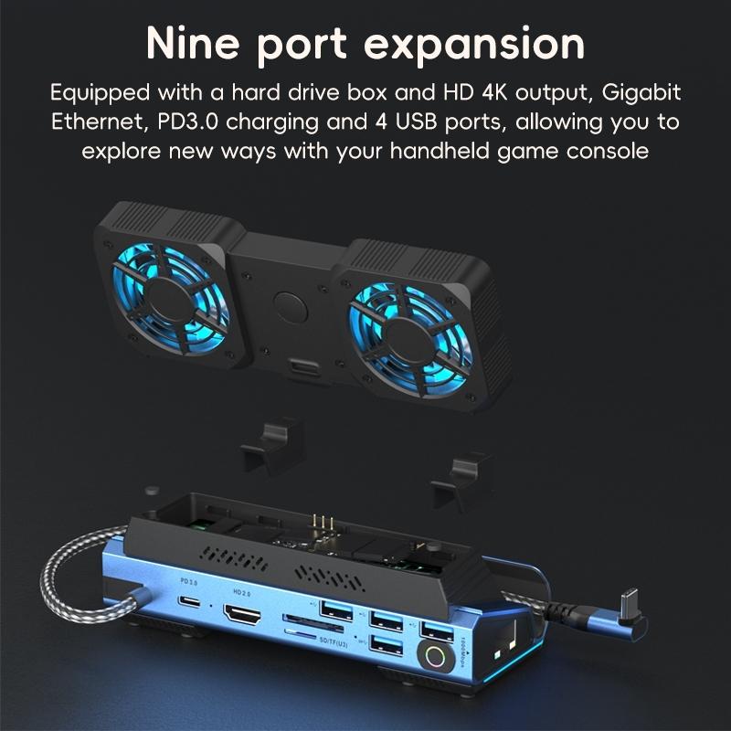 10 In Usb C Gaming Dock With Detachable Fan Blue / Black