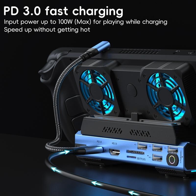10 In Usb C Gaming Dock With Detachable Fan Blue / Black