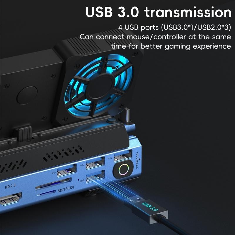 10 In Usb C Gaming Dock With Detachable Fan Blue / Black