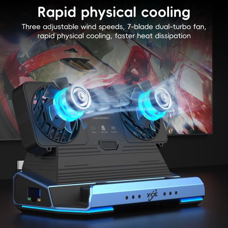 10 In Usb C Gaming Dock With Detachable Fan Blue / Black