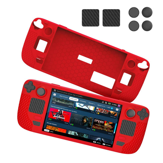 7 Piece Silicone Case & Joystick Cap Set For Steam Deck With Touch Board Sticker Red