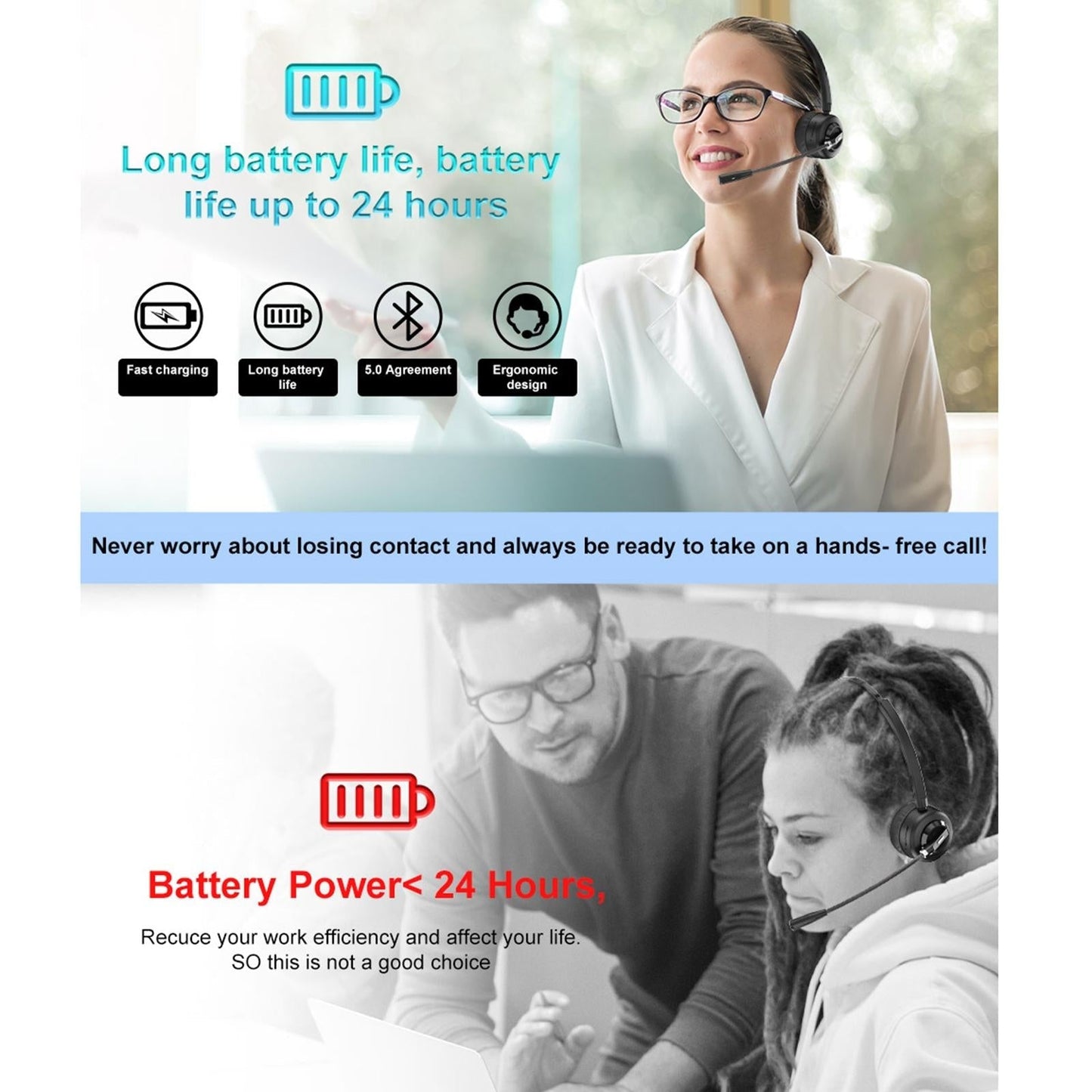 Wireless Noise Cancelling Headset With Mic Black