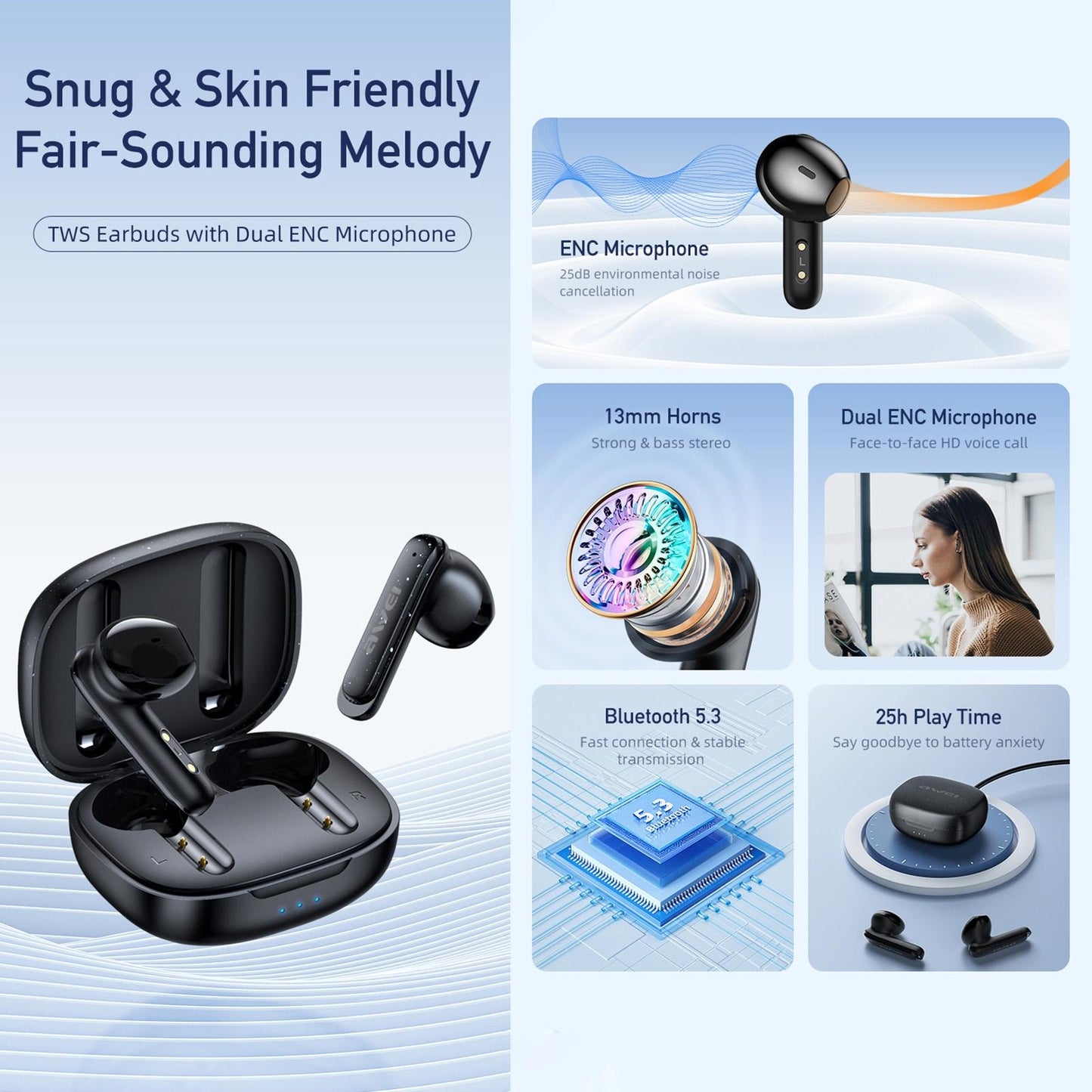 Wireless Noise Cancelling Earbuds T66 Black