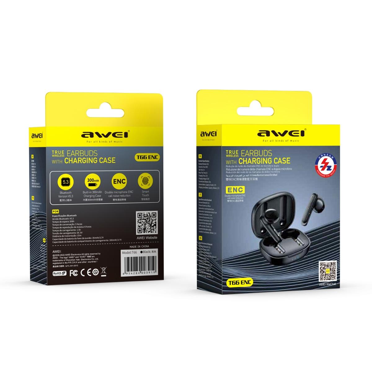 Wireless Noise Cancelling Earbuds T66 Black