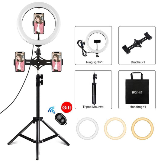 10.2 Led Ring Light With Tripod & Dual Phone Brackets Usb Dimmable Colour Temperature Selfie Remote Black