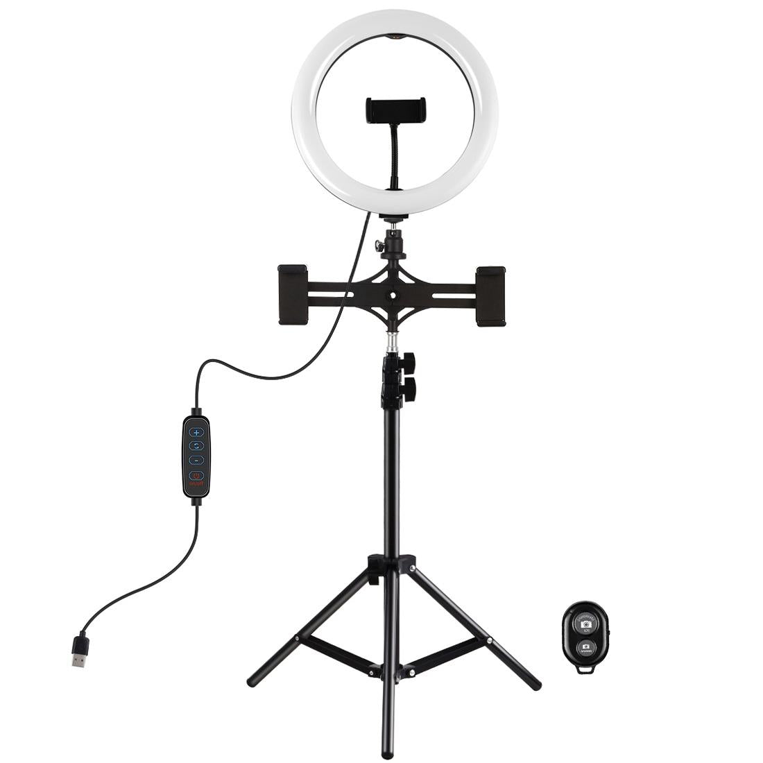 10.2 Led Ring Light With Tripod & Dual Phone Brackets Usb Dimmable Colour Temperature Selfie Remote Black