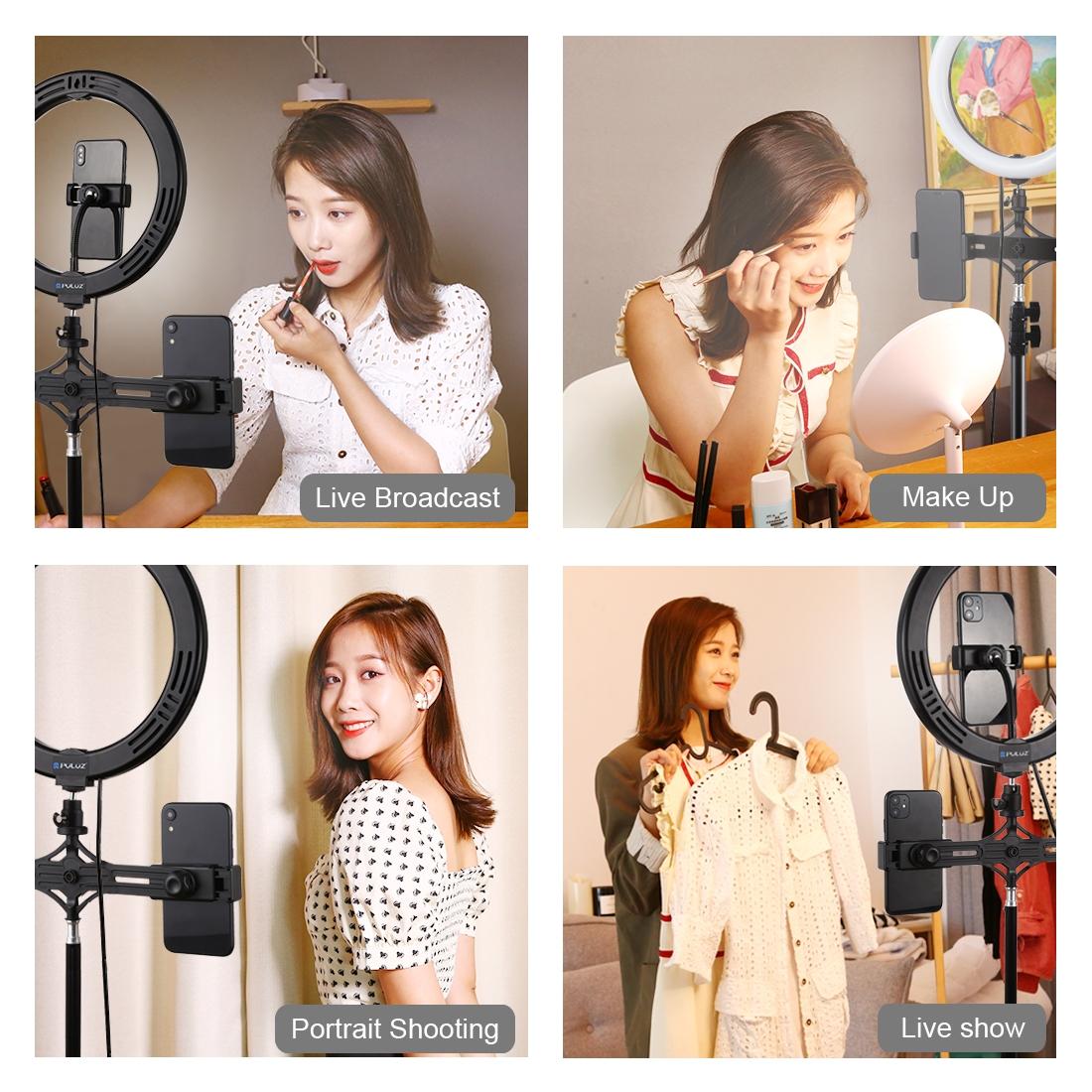 10.2 Led Ring Light With Tripod & Dual Phone Brackets Usb Dimmable Colour Temperature Selfie Remote Black