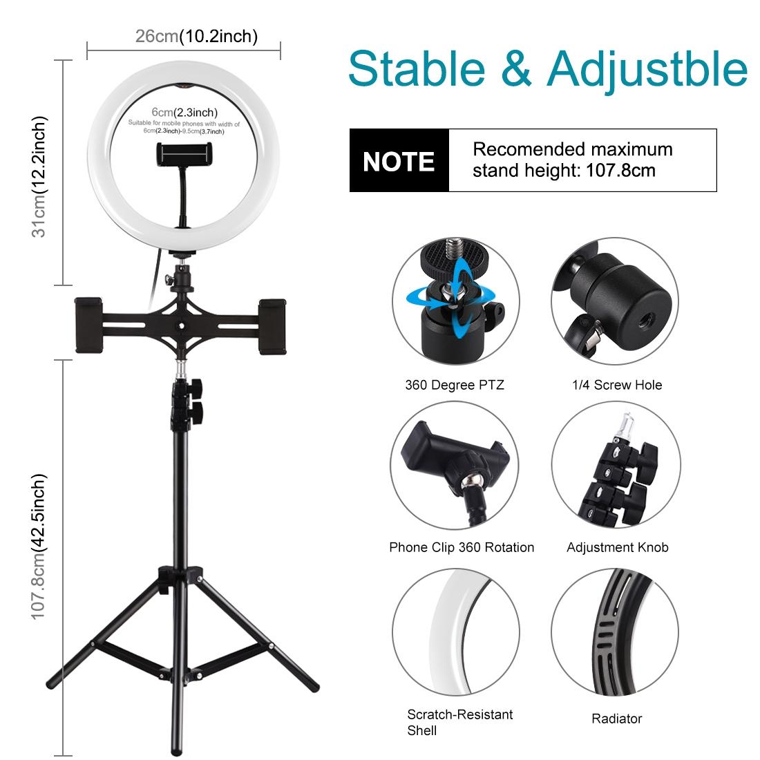 10.2 Led Ring Light With Tripod & Dual Phone Brackets Usb Dimmable Colour Temperature Selfie Remote Black