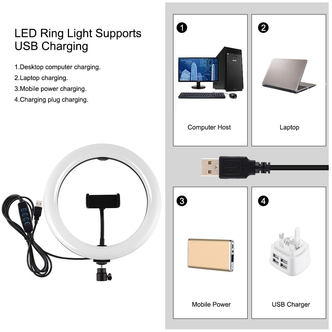 10.2 Led Ring Light With Tripod & Dual Phone Brackets Usb Dimmable Colour Temperature Selfie Remote Black