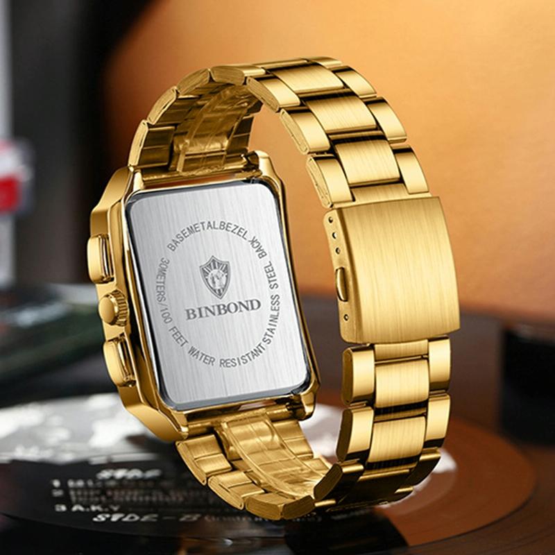 Waterproof Men Quartz Watch Rectangular Outdoor Design Full Gold Black