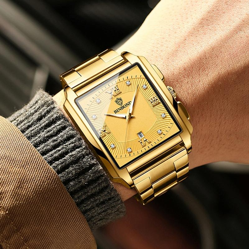 Waterproof Men Quartz Watch Rectangular Outdoor Design Full Gold Black