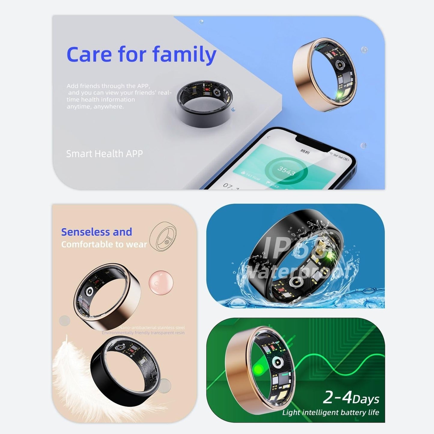 Smart Ring With Heart Rate Blood Oxygen Sleep & Sports Modes Size 13 Gold