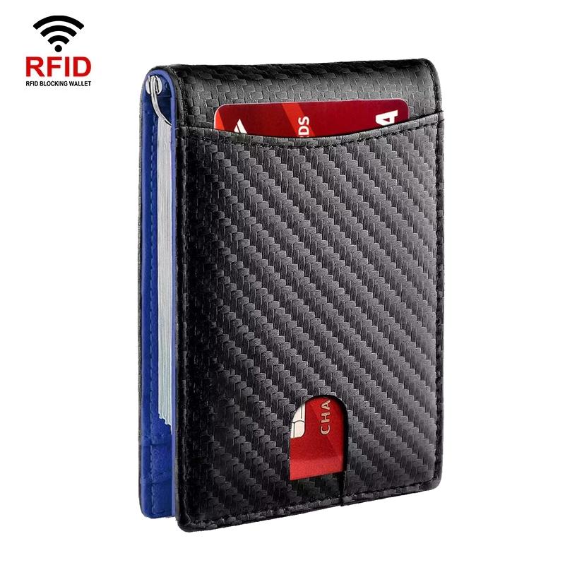 Rfid-Protected Leather Wallet Carbon Fiber Blue Inside