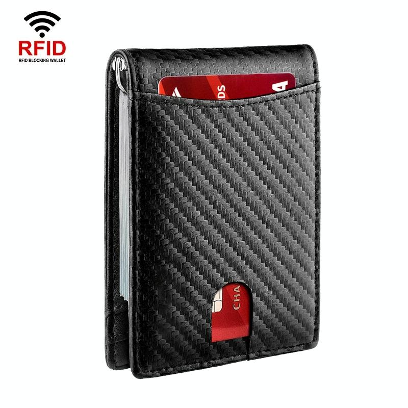 Rfid-Protected Leather Wallet Carbon Fiber Blue Inside