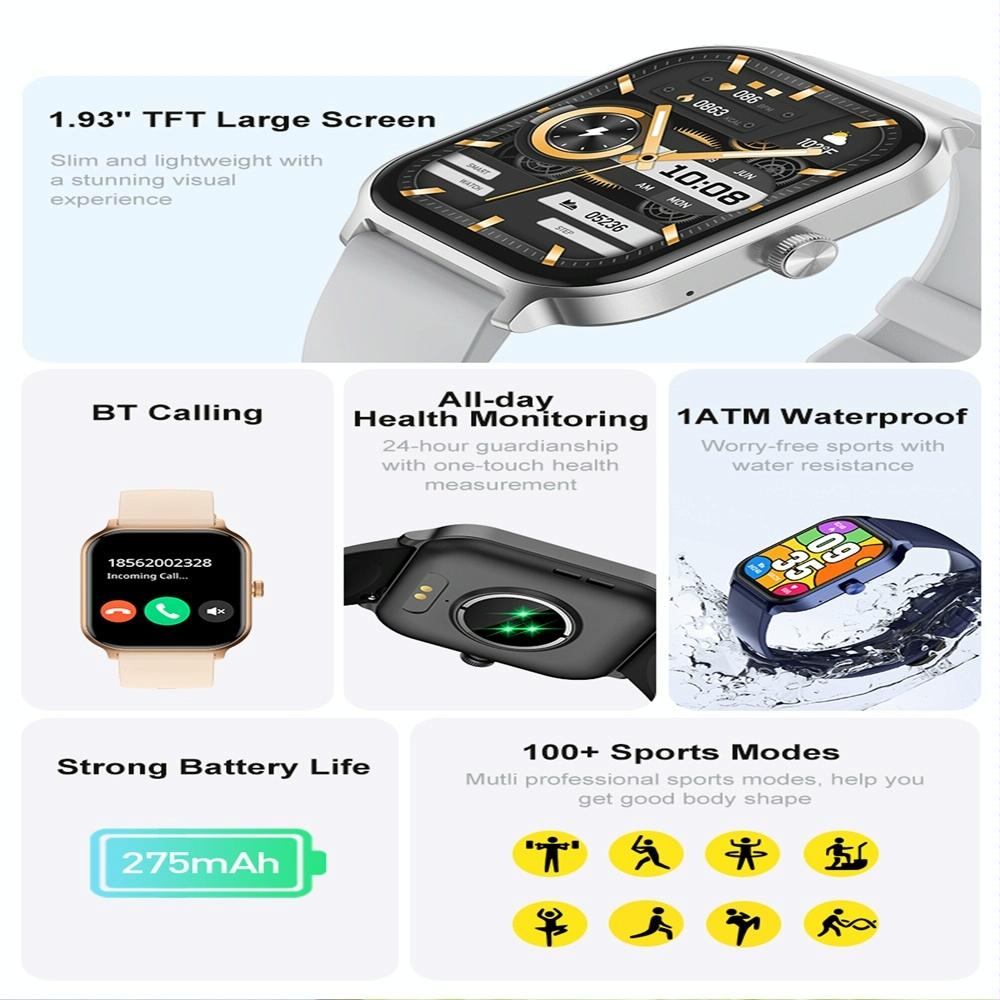 1.93 Inch Colour Screen Smart Watch Support Bluetooth Call / Health Monitoring Silver
