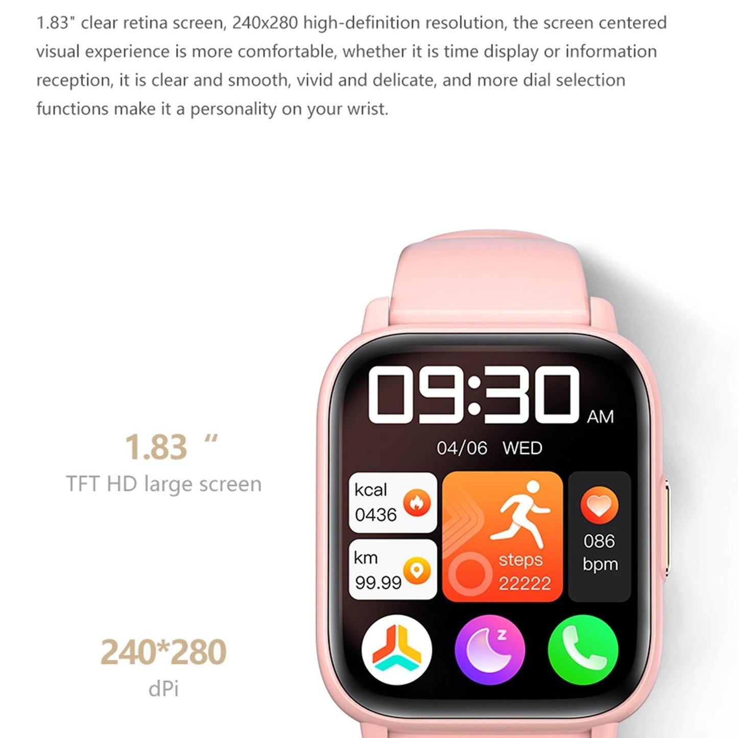 1.83 Inch Bt5.2 Smart Sport Watch With Bluetooth Call Sleep & Health Monitor Pink