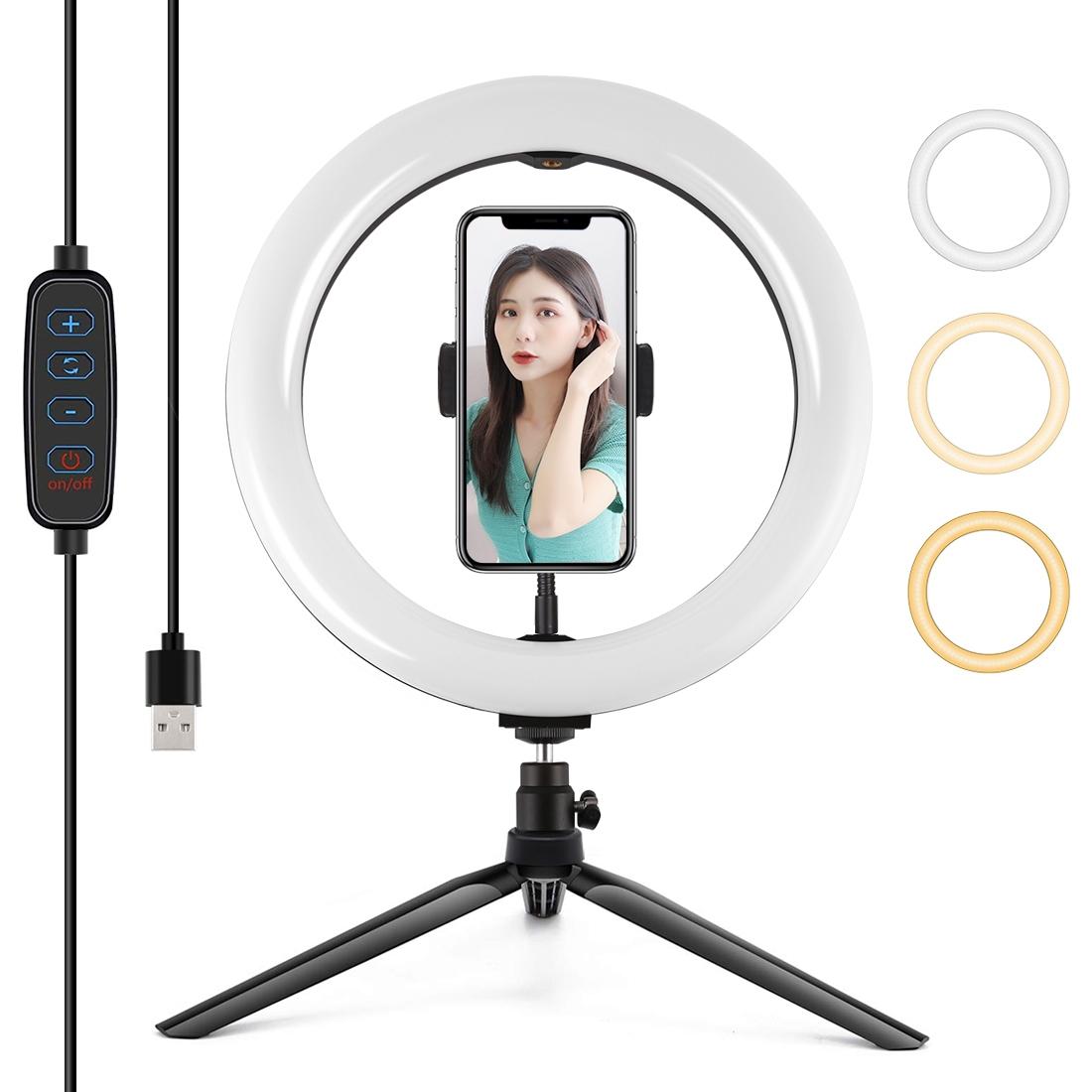 10.2 Selfie Beauty Light With Tripod Mount And Usb 3 Modes Dimmable Led Ring For Vlogging Photography Cold Shoe Ball Hea