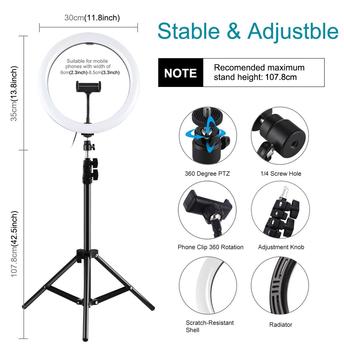 11.8 Inch Led Ring Light With Tripod And Phone Clamp For Vlogging Live Streaming