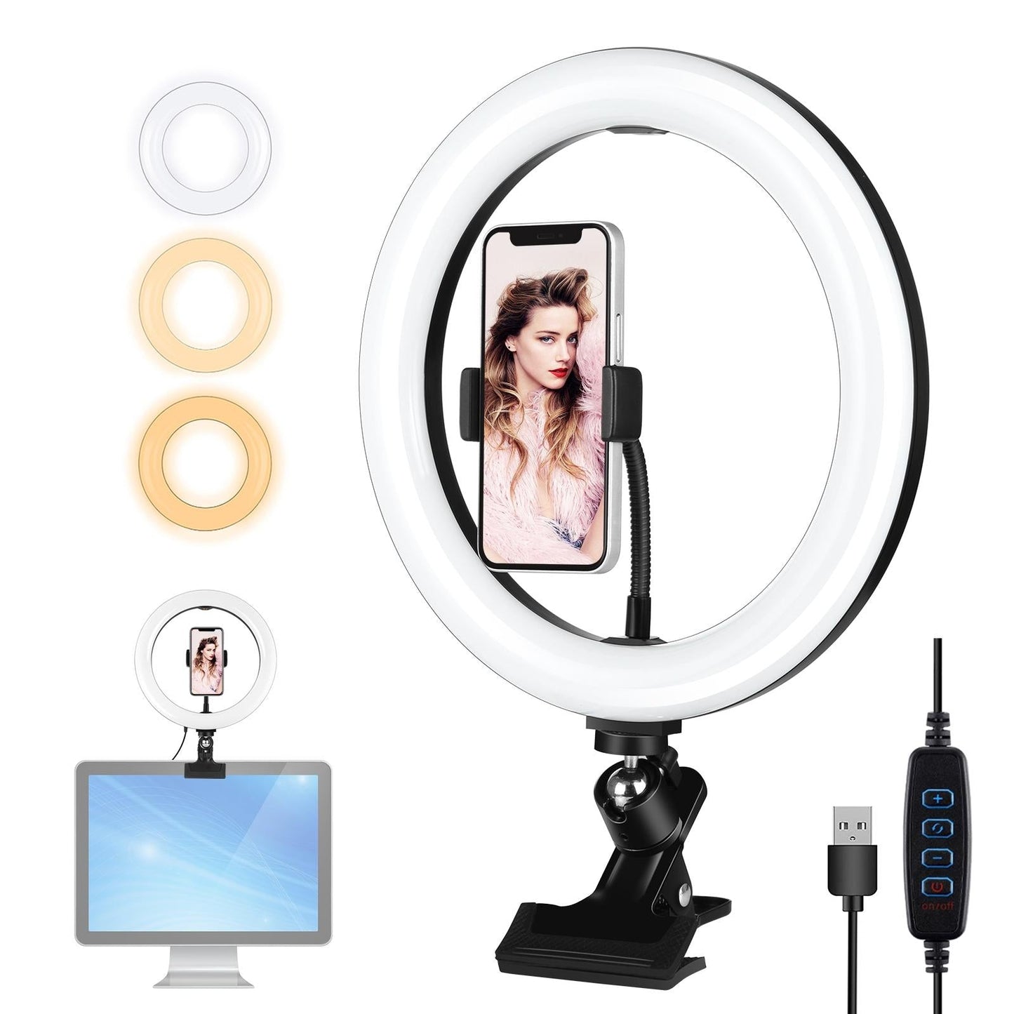 10.2" Dimmable Ring Light With Monitor Clip Usb Power Dual Color Modes & Phone Clamp Black