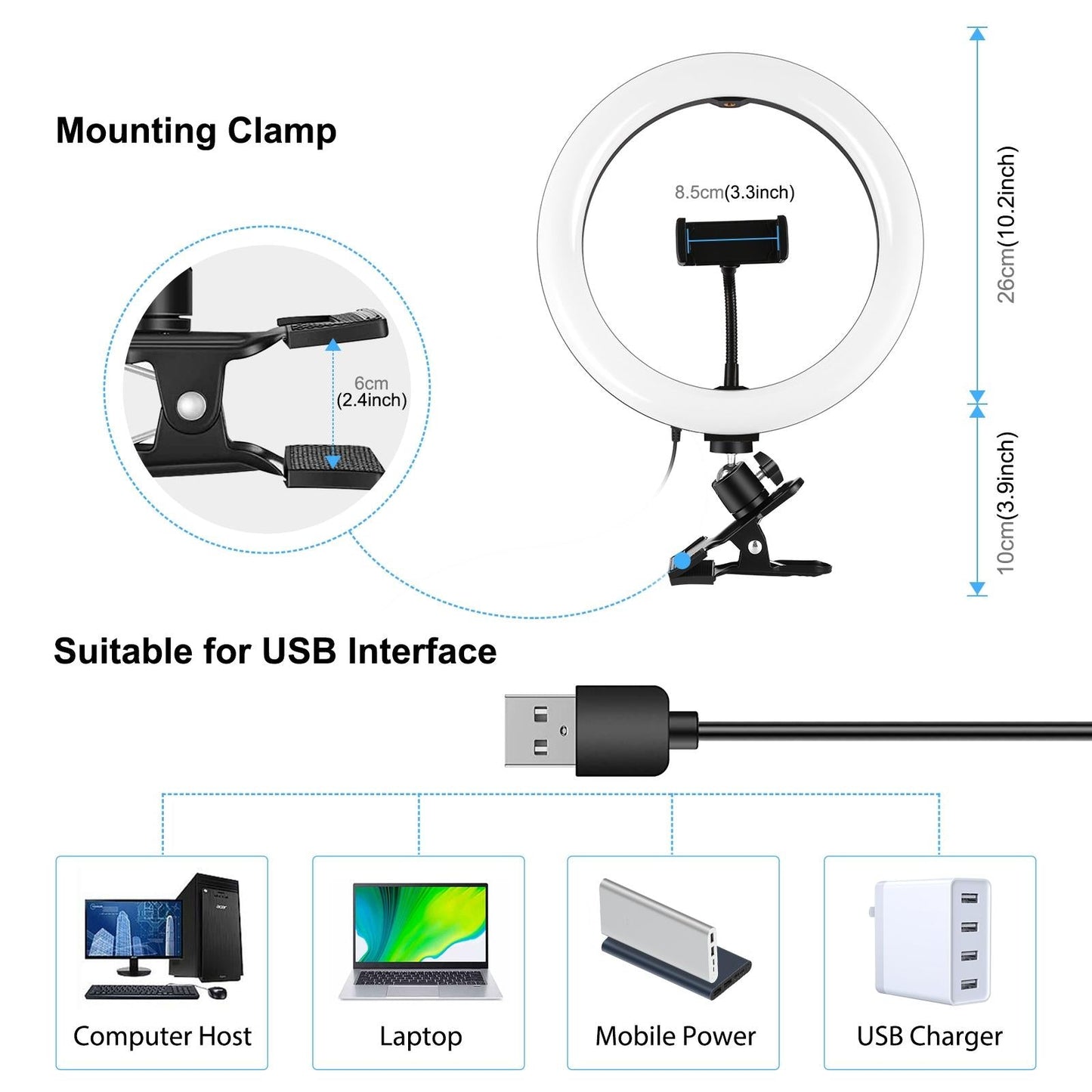 10.2" Dimmable Ring Light With Monitor Clip Usb Power Dual Color Modes & Phone Clamp Black
