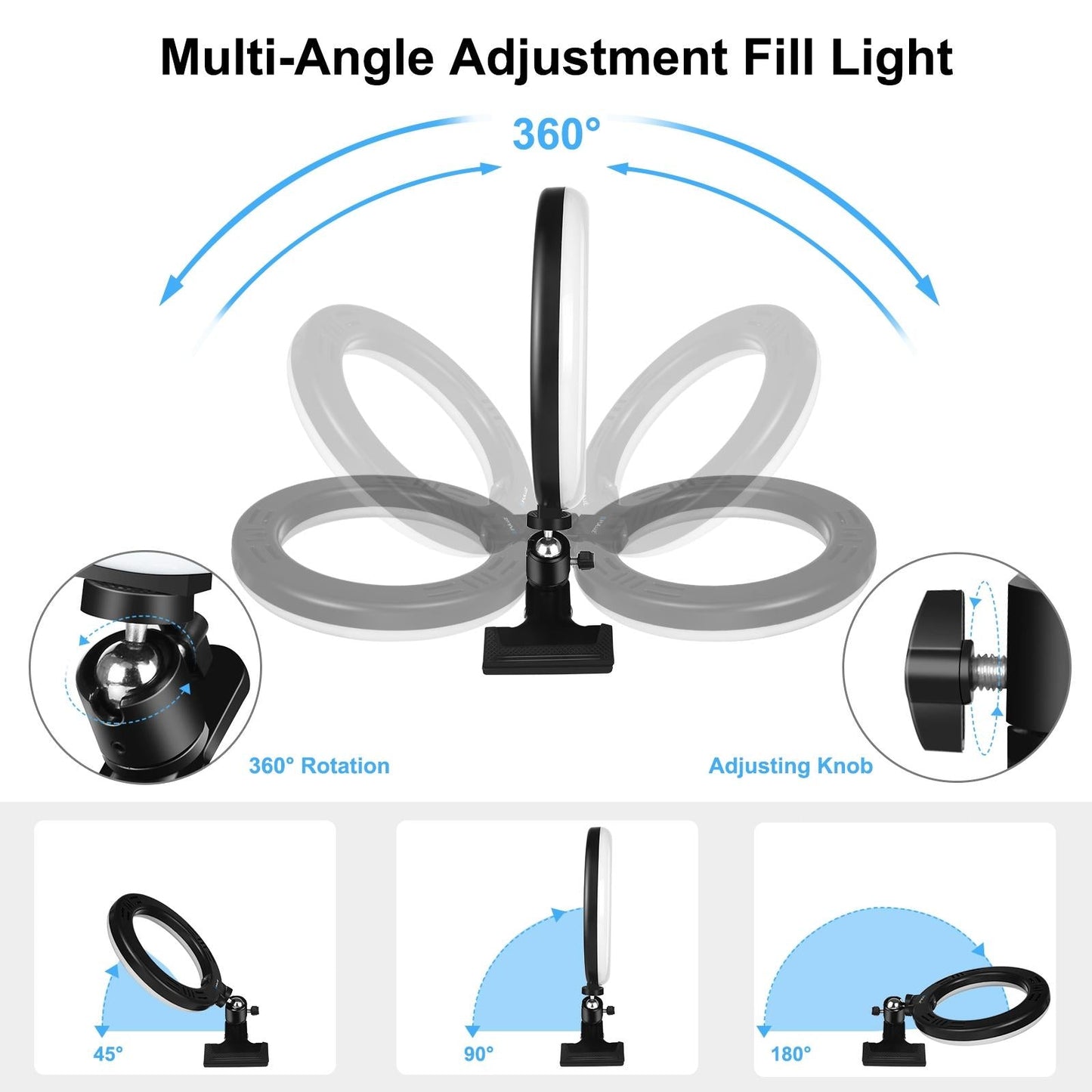10.2" Dimmable Ring Light With Monitor Clip Usb Power Dual Color Modes & Phone Clamp Black