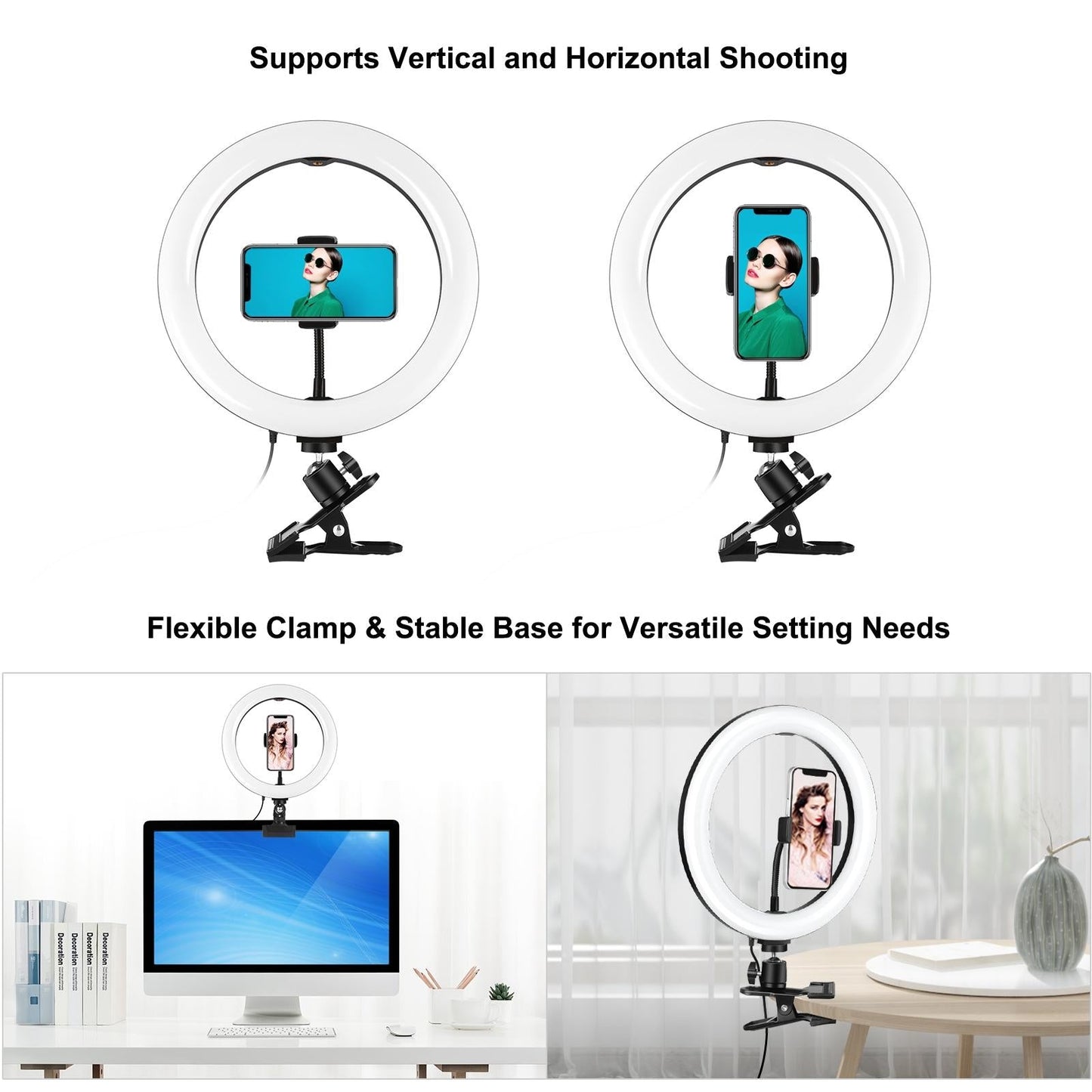 10.2" Dimmable Ring Light With Monitor Clip Usb Power Dual Color Modes & Phone Clamp Black