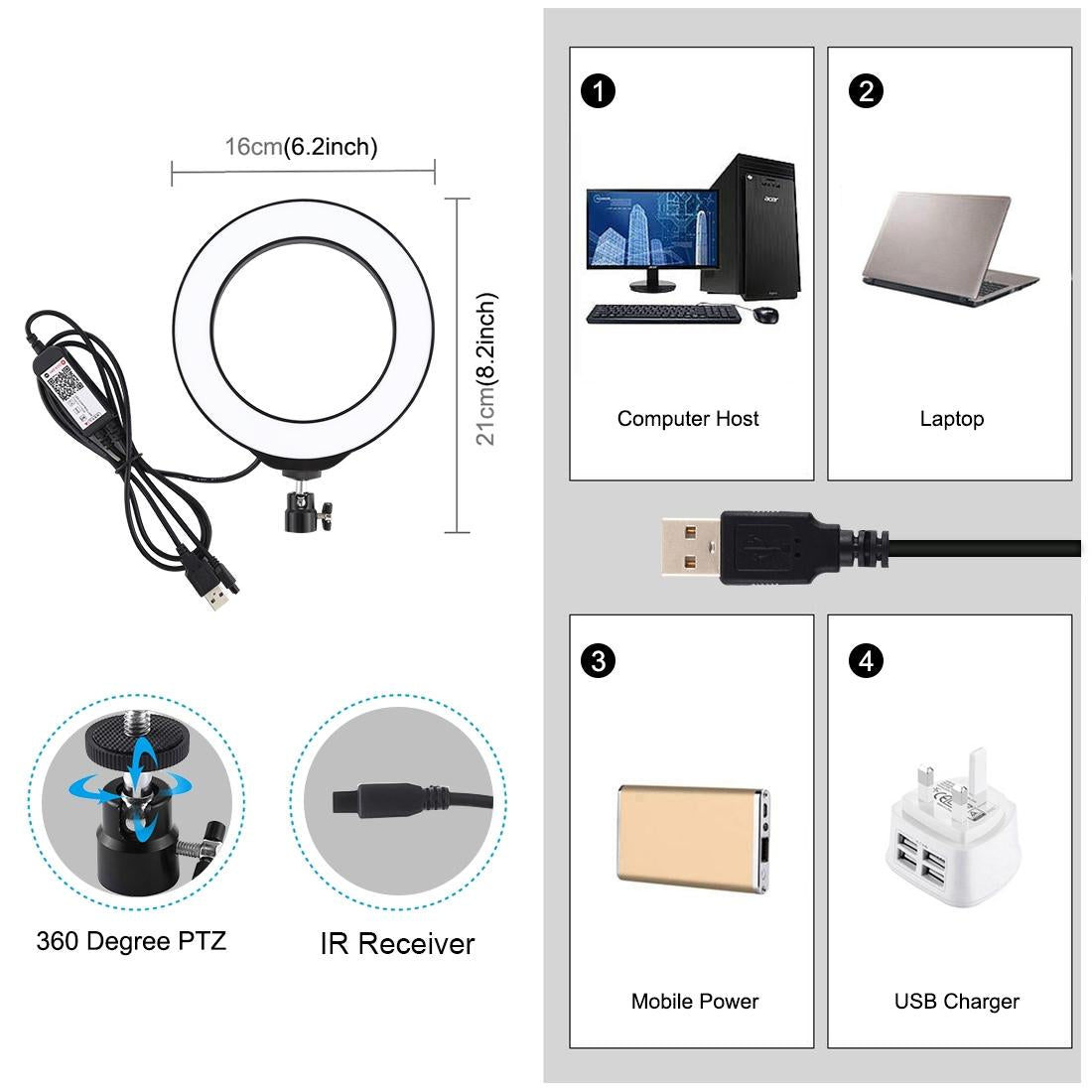 Dimmable 6.2 Usb Rgbw Led Ring Light With Cold Shoe Tripod & Remote_Black