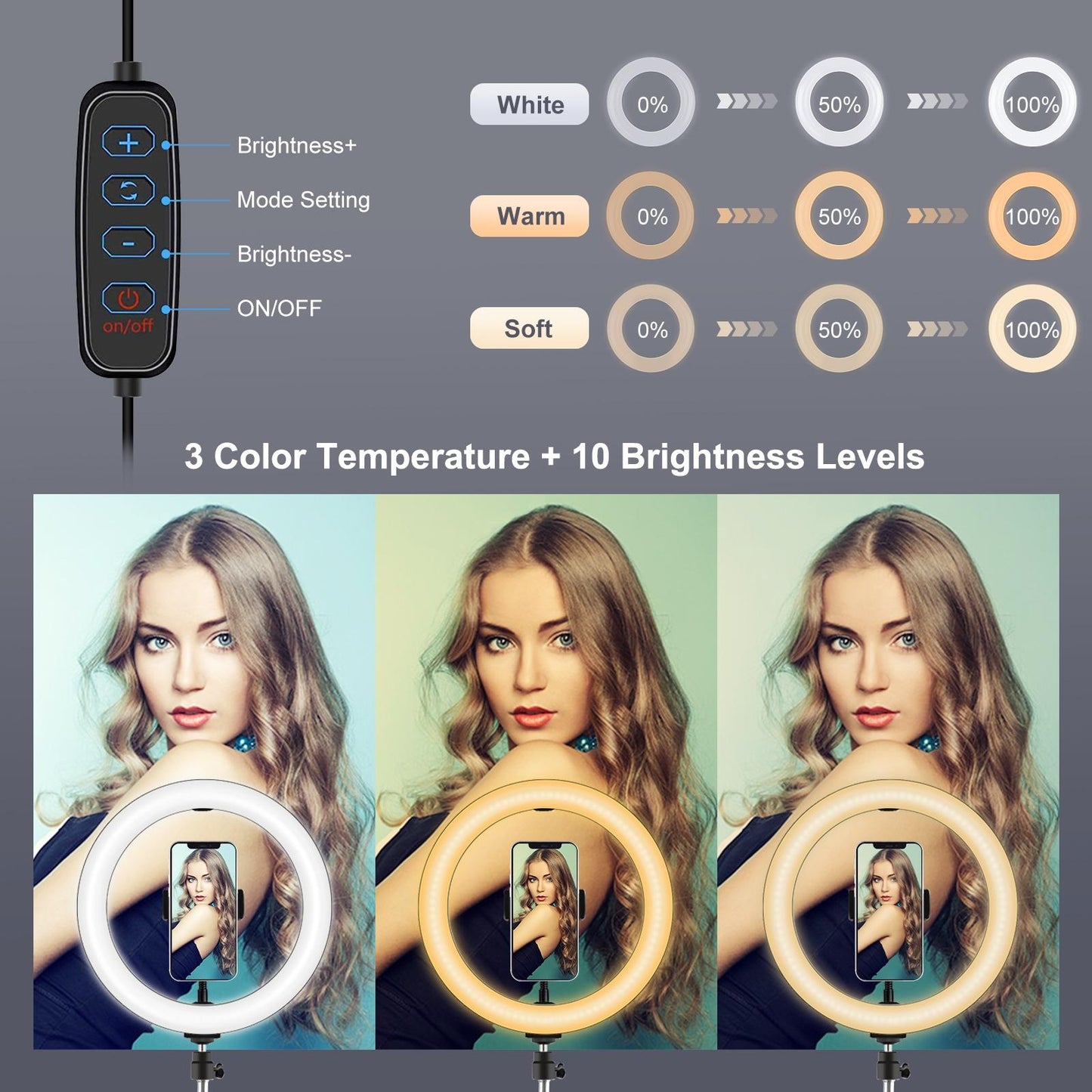 10.2 Ring Light With Tripod Usb 3 Modes Dual Colour Diffuse Phone Clamp Remote Black