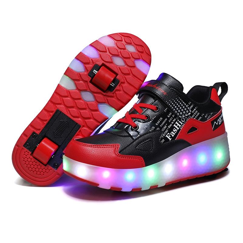 Rechargeable Light Wheel Skating Shoes For Kids Size 36 Two Wheeled Black And Red