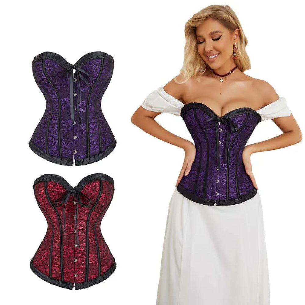 Floral Lace Up Overbust Corset For Mature Women - Red 4Xl