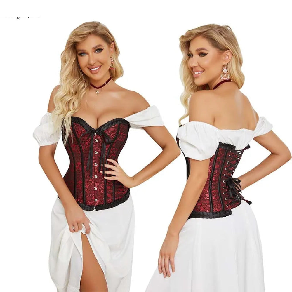 Floral Lace Up Overbust Corset For Mature Women - Red 4Xl